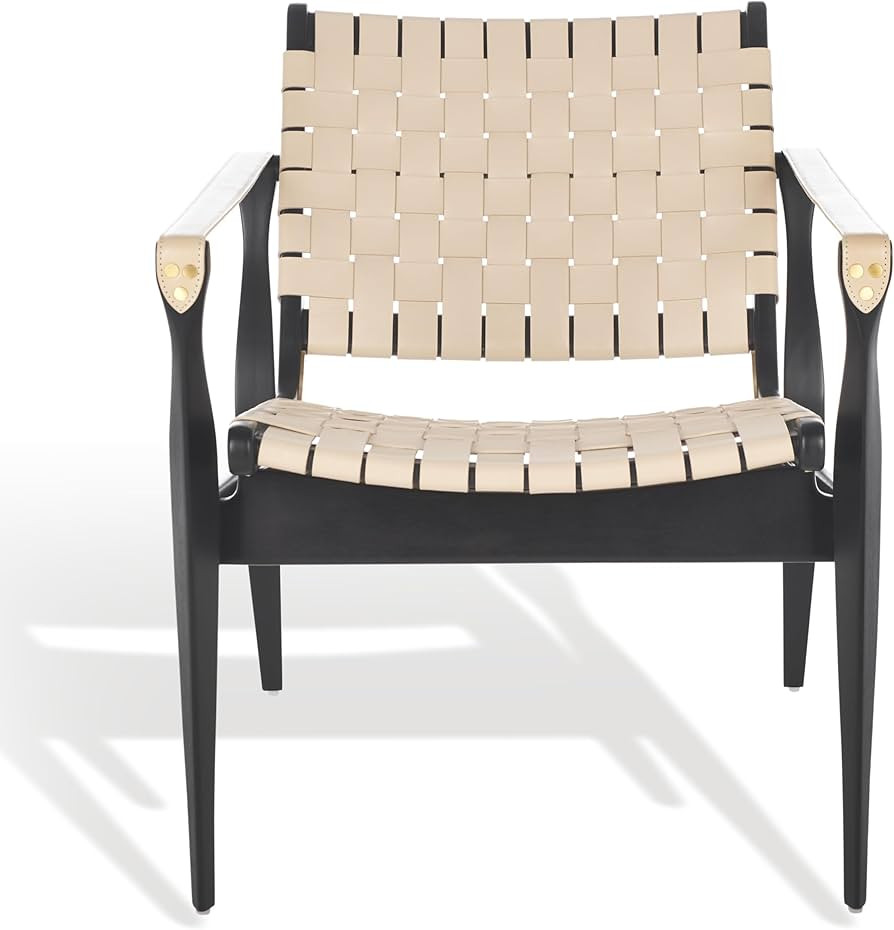 SAFAVIEH Couture Collection Dilan Black Solid Wood/White Genuine Leather Safari Chair (Fully Asse... | Amazon (US)