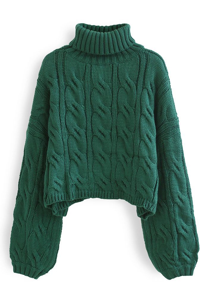 Turtleneck Braid Knit Crop Sweater in Green | Chicwish