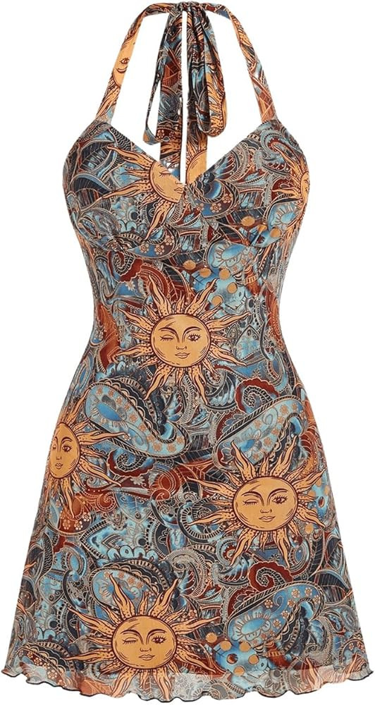 Milumia Women's Vintage Tie Back Halter Dress Boho Print Mesh Short Dresses | Amazon (US)