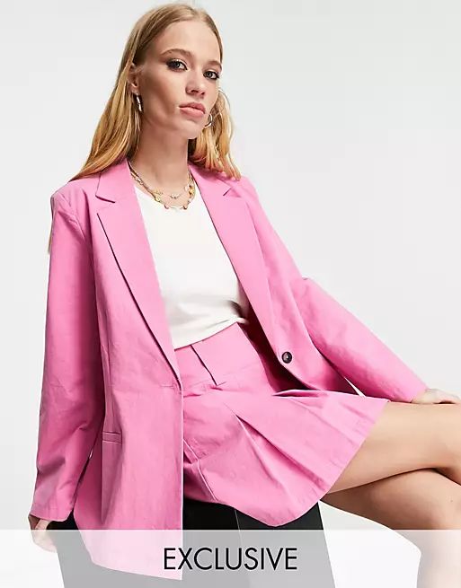 Reclaimed Vintage Inspired linen oversized blazer in pink | ASOS (Global)