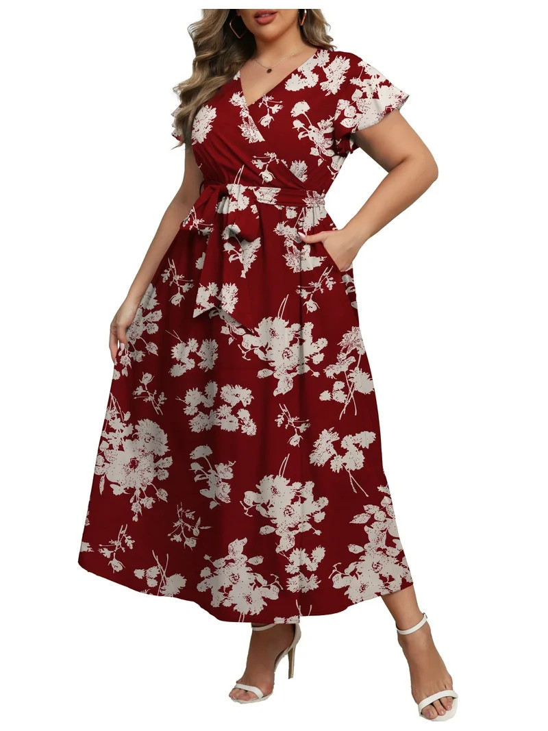 a.Jesdani Women's Plus Size Maxi Dress Boho Floral Butterfly Sleeve V Neck Flowy Maxi Dress Party... | Walmart (US)