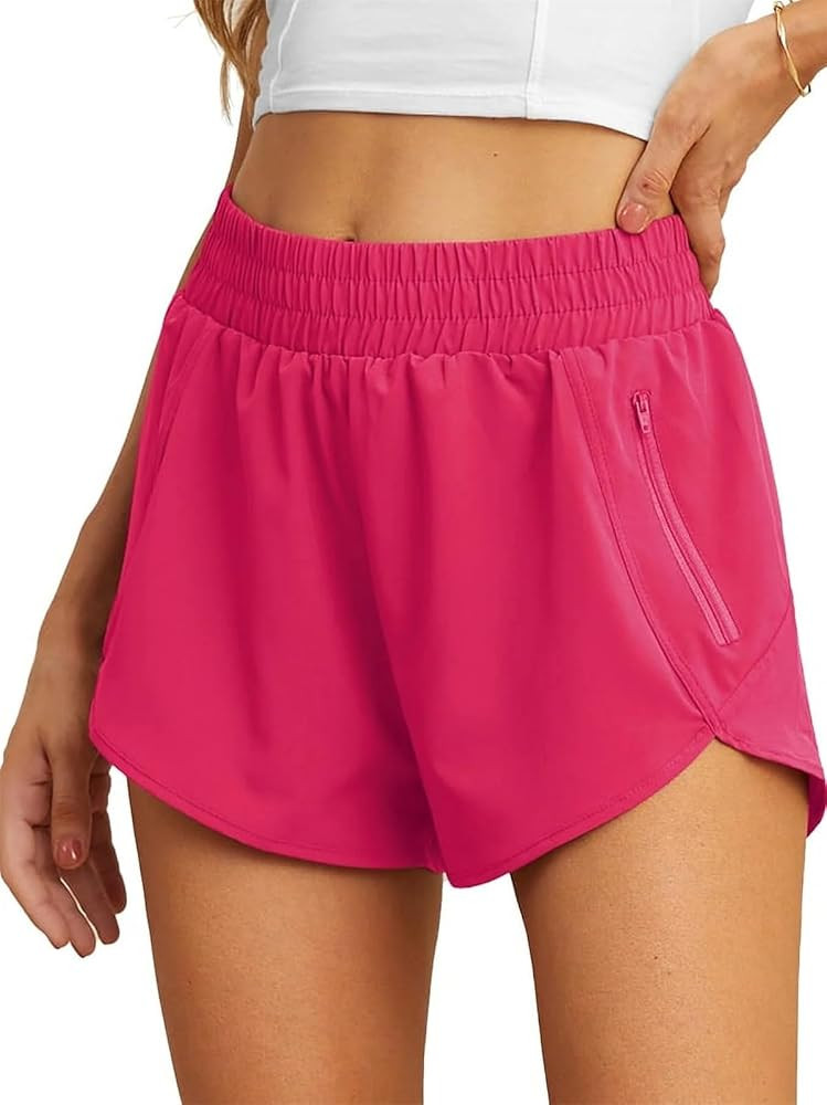 PrinStory Women's Running Shorts Summer High Waisted Quick Dry Athletic Work Out Gym Zipper Pocke... | Amazon (US)