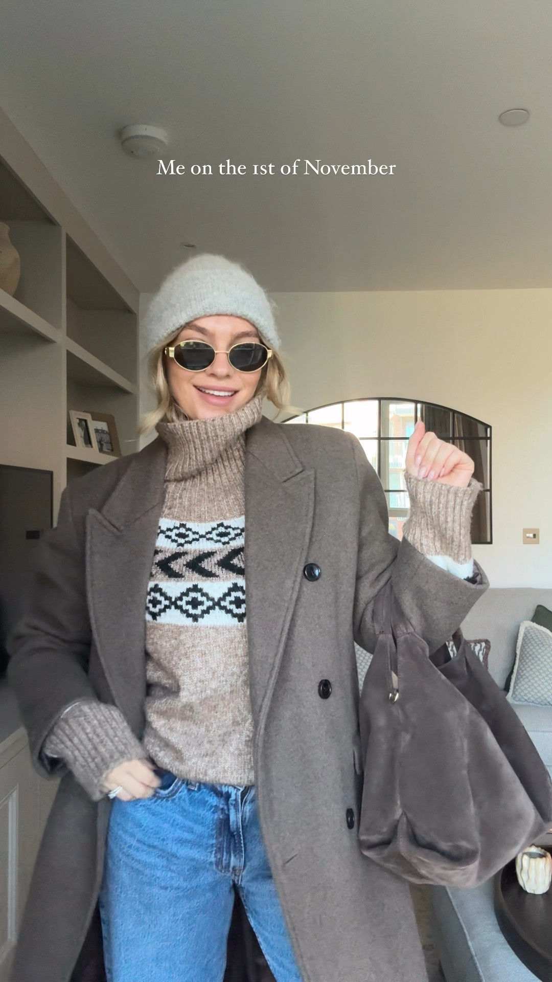 Festive winter outfit 
Fair isle knit
Blue jeans size 27
UGGs
Brown coat 