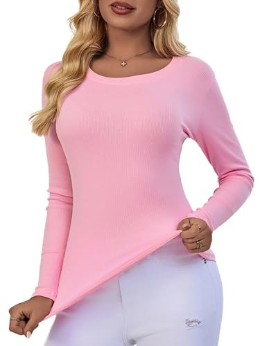 ASAIR Pink Long Sleeve T Shirt Women for Women Ribbed Fall Basic Trendy Stretchy Lightweight(Pink Medium) | Amazon (US)