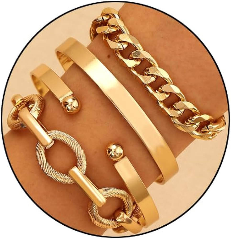Chunky Gold Bracelets for Women Boho Stackable Bangle Cuff Bracelet Set Layered Link Chain Bracel... | Amazon (US)