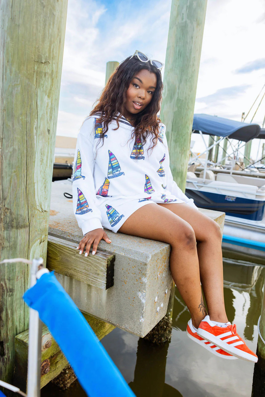 White Sailboat Sailor Collar Sweatshirt | Queen of Sparkles