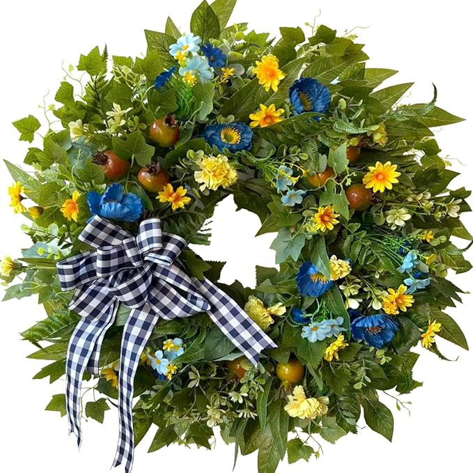 WANNA-CUL 24 Inch Year Round Spring Summer Wreaths for Front Door, Blue Yellow Floral Door Wreath... | Amazon (US)