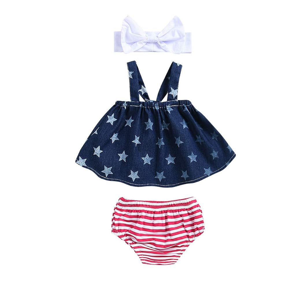 HINTINA Baby Girl Outfits Toddler Infant Baby Girl American Flag Star Denim Top Stripe Shorts Bow... | Amazon (US)