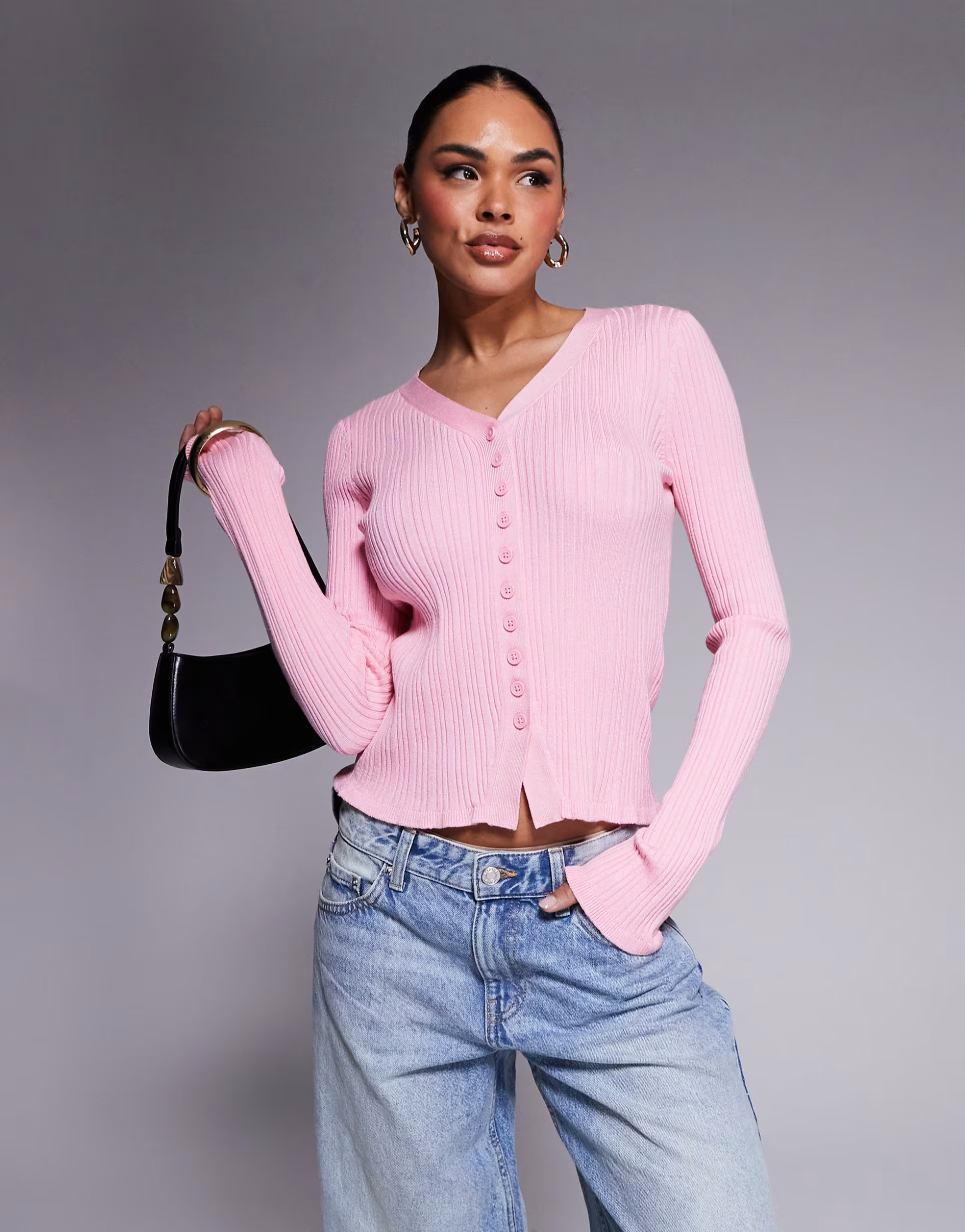 ASOS DESIGN button front v neck cardigan with frill in rib in pink | ASOS | ASOS (Global)