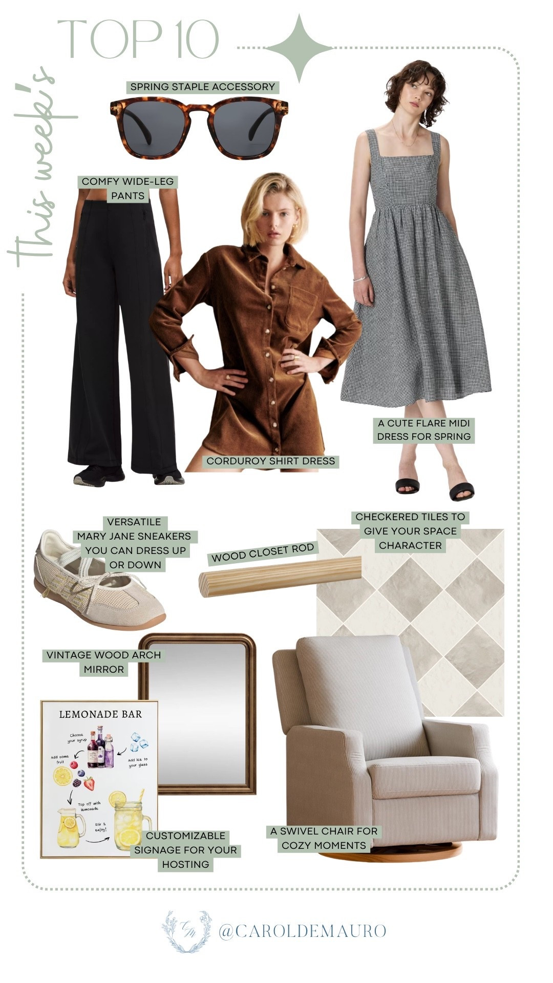 Here are the Top 10 picks of the week: a mix of effortless spring fashion and chic home upgrades. From a cute flare midi dress to cozy home accents, these favorites bring both function and style to your everyday life. Save your favorites and refresh your wardrobe and space with these standout finds.

spring style, spring fashion, wide leg pants, mary jane sneakers, spring accessories, home decor finds, vintage mirror, hosting decor, customizable signage, hosting must have

#LTKSeasonal #LTKootd #LTKU