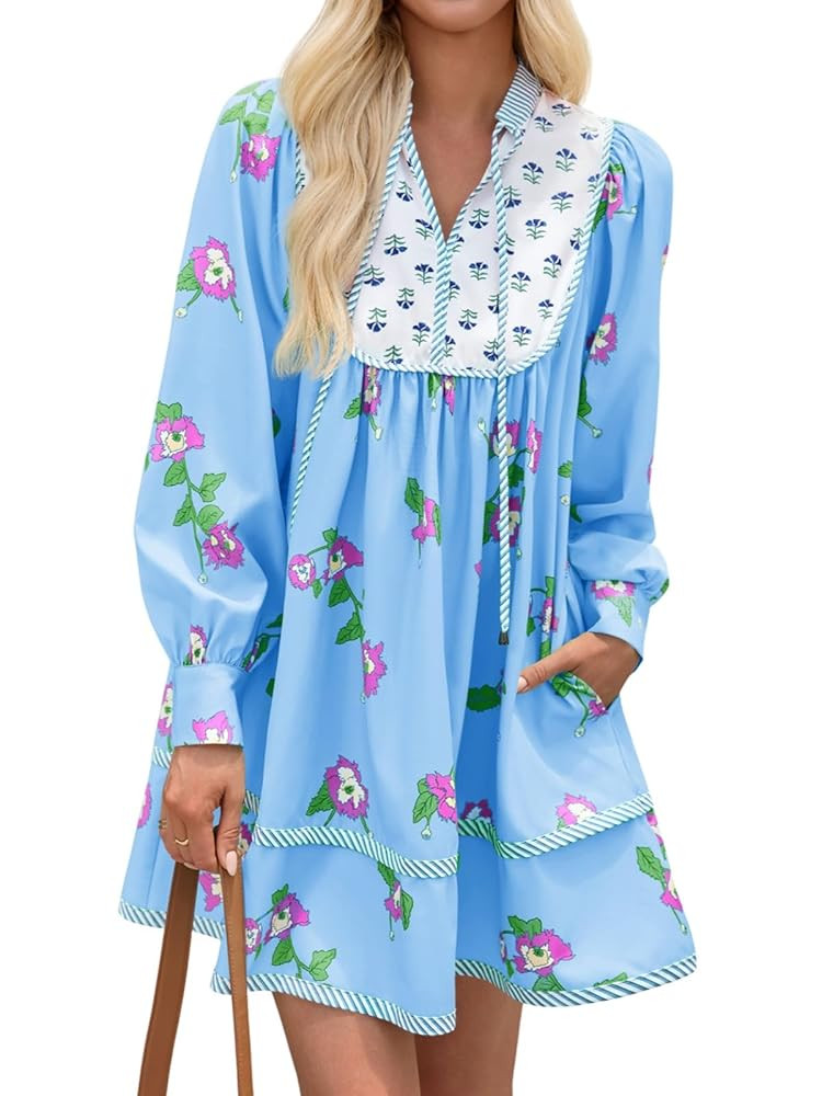 Wenrine Womens Casual Floral Mini Dress 2025 Fall Long Sleeve V Neck Patchwork Loose Boho Shirt D... | Amazon (US)