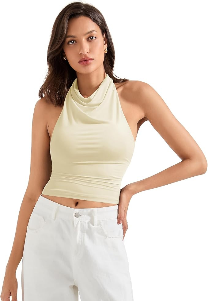 SUUKSESS Women Halter Backless Tank Tops Sexy Cowl Neck Summer Going Out Cami Tops | Amazon (US)