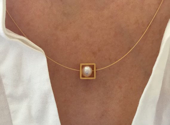 Pearl Necklace. Freshwater Pearl in a Gold Square on a Wire of | Etsy | Etsy (US)