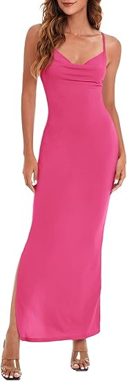 Verdusa Women's Cowl Neck Split Side Spaghetti Strap Long Cami Dress | Amazon (US)