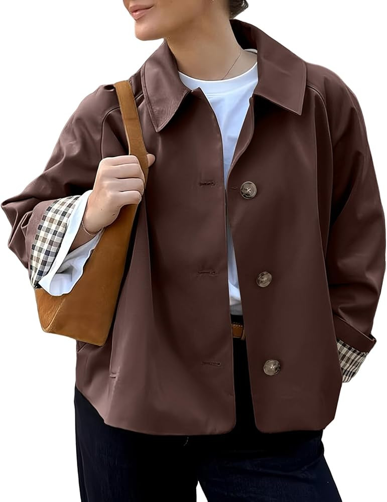 Women Crop Trench Coat Single Breasted Check Lining Lightweight Barn Jackets Fashion Outerwear | Amazon (US)