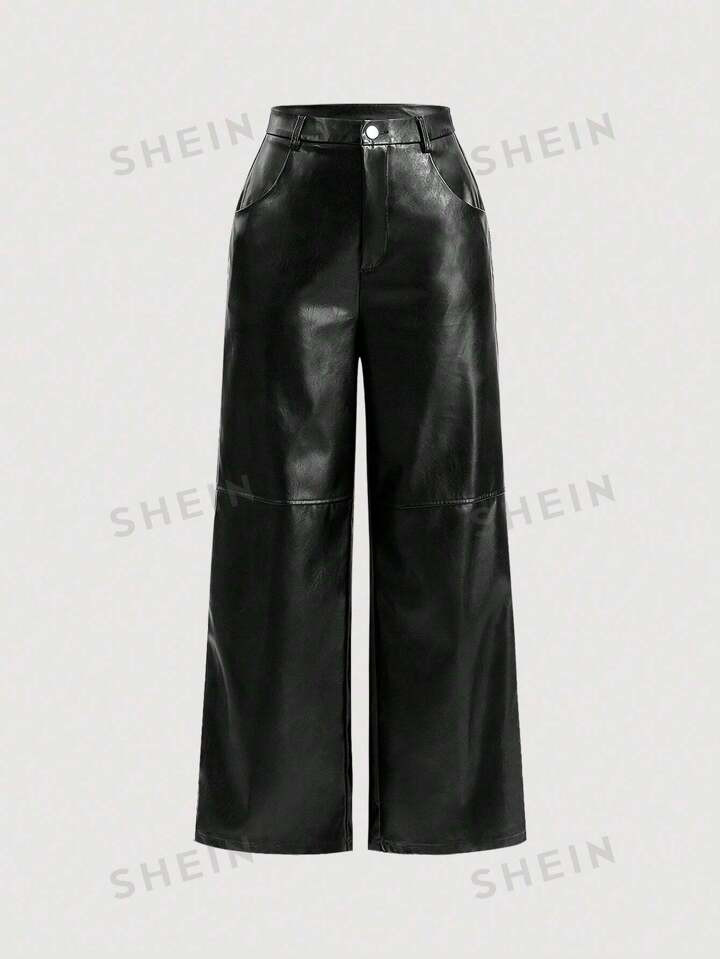 SHEIN MOD Black Date Night Solid PU Leather Straight Leg Pants | SHEIN