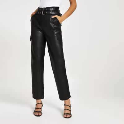 Black belted tapered coated trousers | River Island (UK & IE)