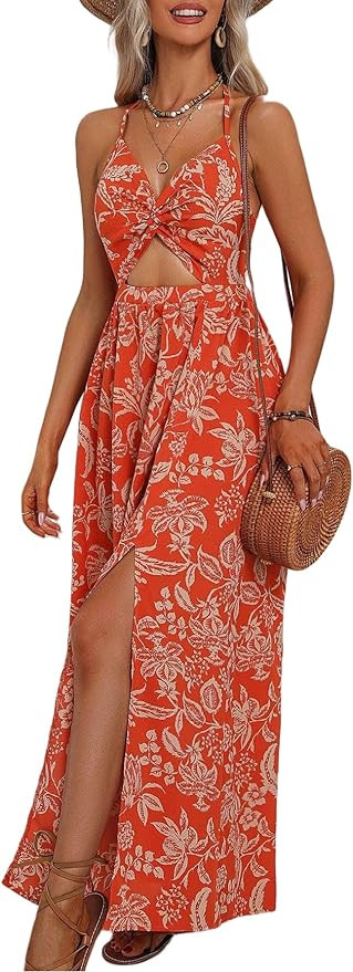 SISKIN Casual Summer Floral Cut Out Twist Front Maxi Dress for Women 2024 Trendy,Maxi Sundresses ... | Amazon (US)