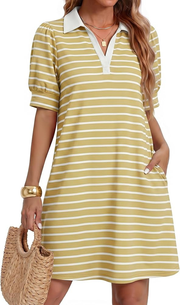 ZESICA Womens Summer Striped T Shirt Mini Dresses 2026 Casual Lapel V Neck Short Sleeve Flowy A L... | Amazon (US)