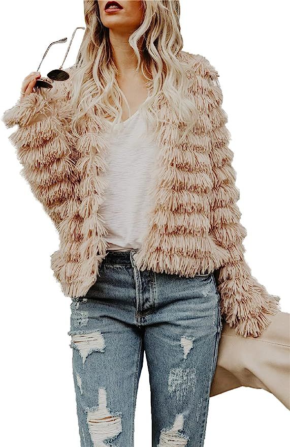 Womens Open Front Faux Fur Coat Vintage Parka Shaggy Jacket Cardigan | Amazon (US)