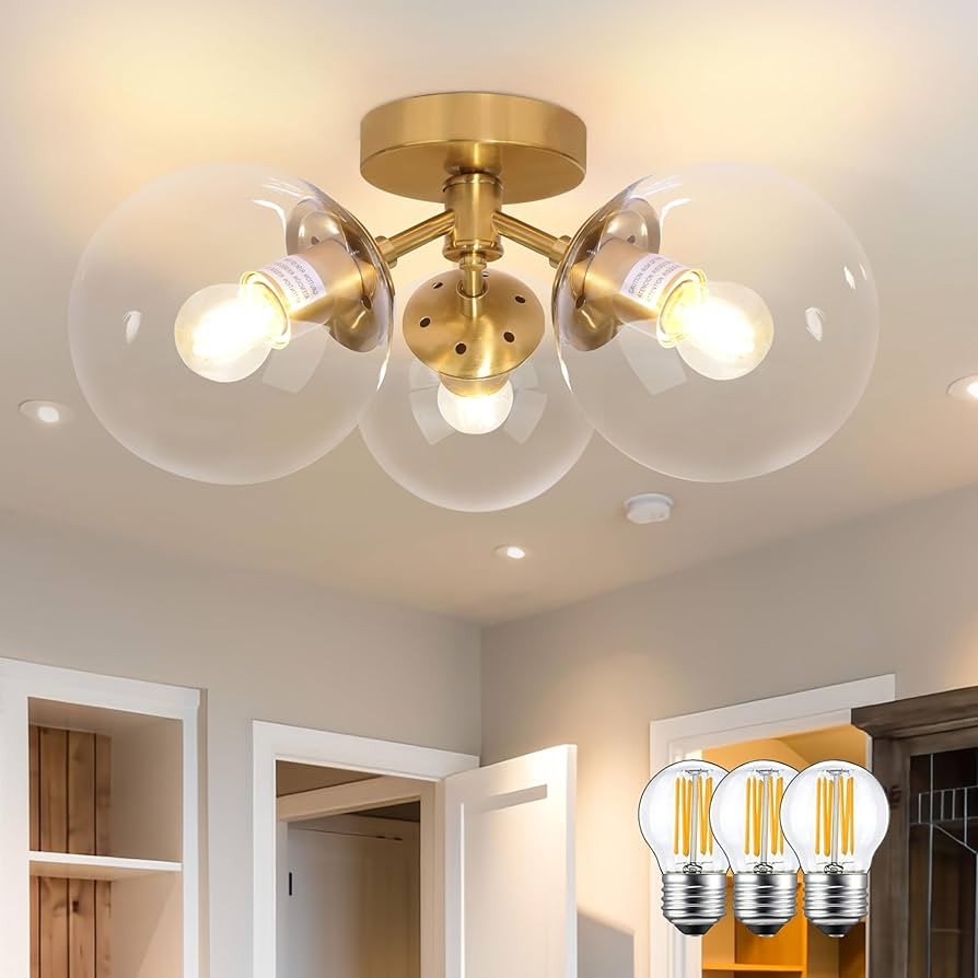 3 Light Modern Gold Semi Flush Mount Ceiling Light Clear Glass Globe Ceiling Lights Mid Century B... | Amazon (US)
