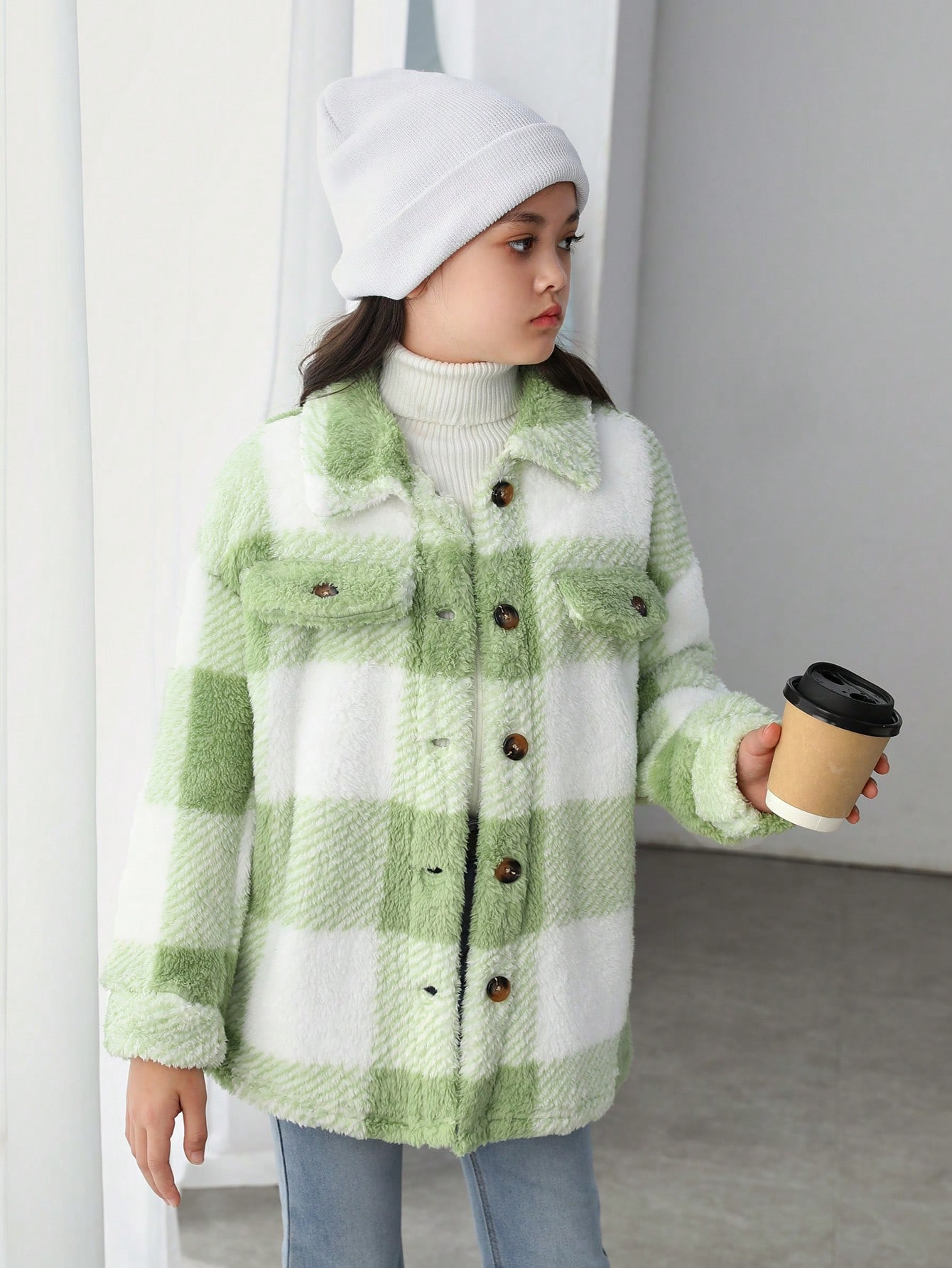 SHEIN Tween Girl Buffalo Plaid Print Drop Shoulder Teddy Coat | SHEIN