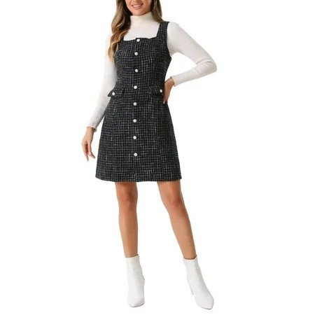 INSPIRE CHIC Tweed Dress for Women s Sleeveless Square Neck Button Down A-Line Pinafore Overall Dresses M Black | Walmart (US)