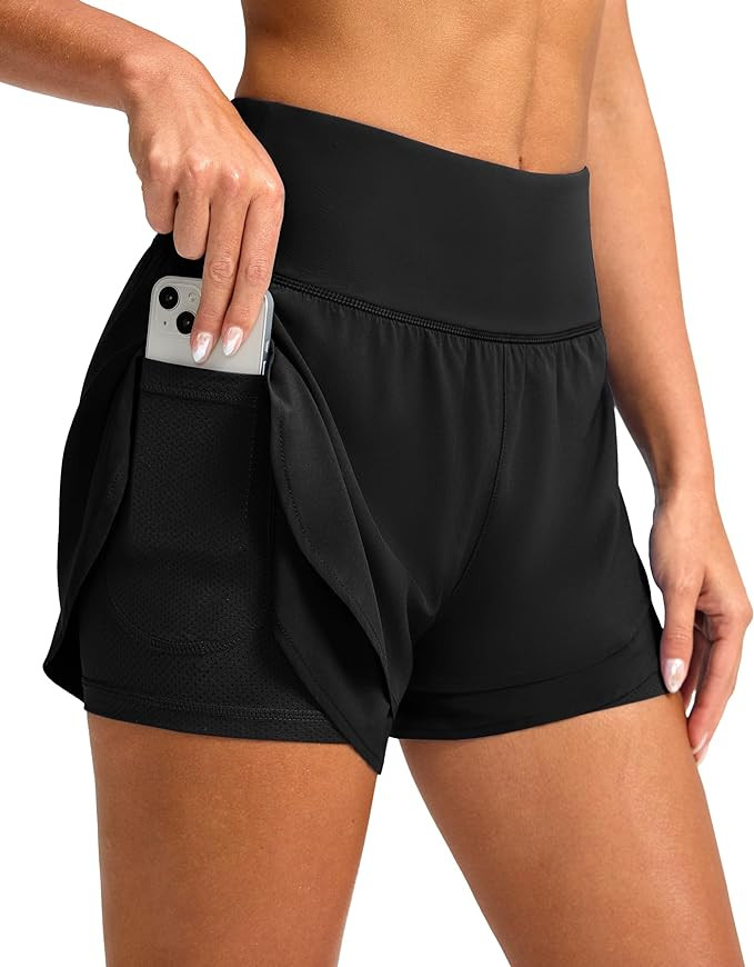 SANTINY Women's 2 in 1 Running Shorts with Pockets 3" High Waisted Exercise Workout Athletic Shor... | Amazon (US)