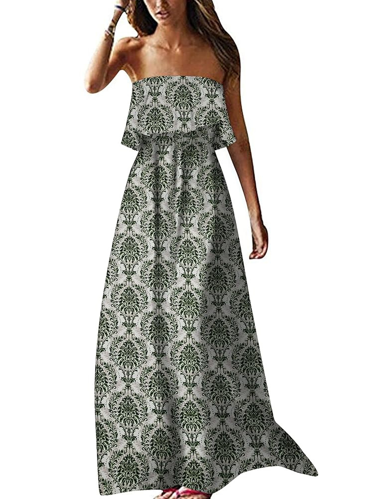 ZMPSIISA Women's Summer Off The Shoulder Maxi Dress Ruffle Strapless Blue White Porcelain Boho Ca... | Amazon (US)