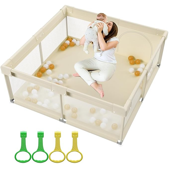 ZEEBABA Beige Baby Playpen 59x59 in, Playpen for Babies and Toddlers, Play Pen for Kids, Play Yar... | Amazon (US)