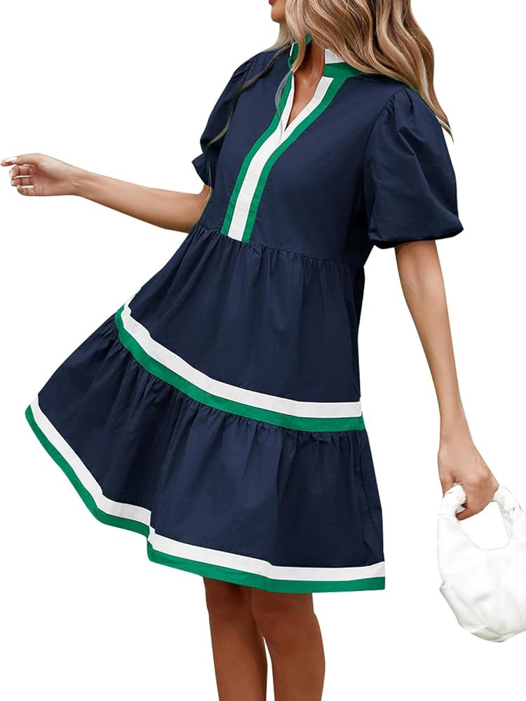 LifeShe Womens Puff Sleeve Babydoll Dress V Neck Navy Blue Striped Color Block Tiered Mini Dresse... | Amazon (US)