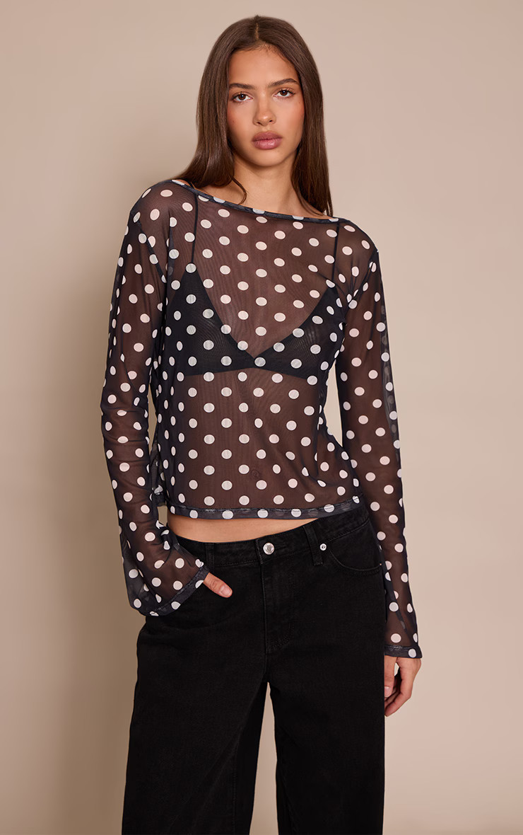 Black Polka Dot Mesh Flared Long Sleeve Top | PrettyLittleThing UK
