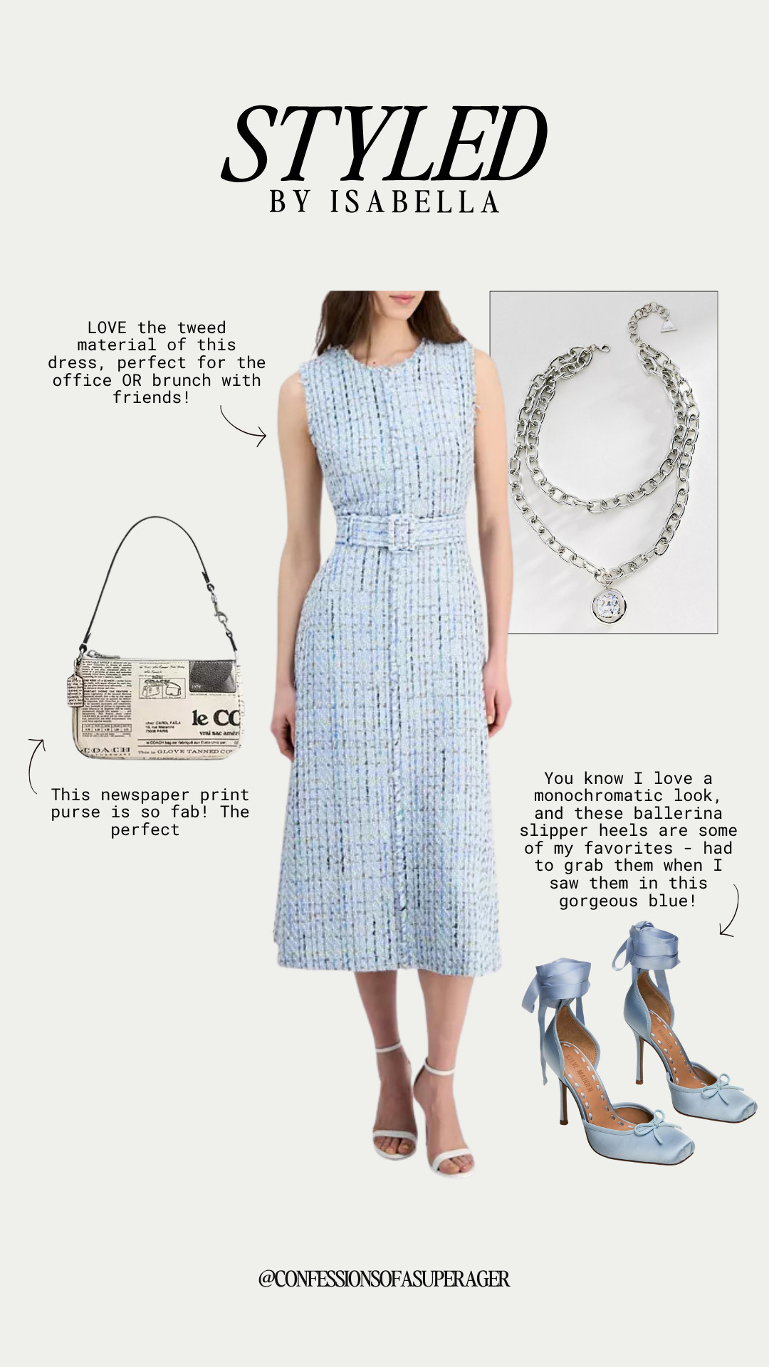 Soft blue is having a major moment, and this polished tweed look is the definition of effortless elegance. 💙 Perfect for the office, brunch, bridal showers, luncheons, or special events, this belted tweed midi dress pairs beautifully with statement heels, a chic printed shoulder bag, and silver jewelry for a timeless, elevated outfit. Tap to shop this sophisticated look before your favorite pieces are gone! ✨ 

 #LTKStyle #LTKFashion #TweedDress #BlueDress #OfficeStyle #BrunchOutfit #ElegantStyle #ClassicFashion #QuietLuxury #MidiDress #WeddingGuestStyle #BridalShowerOutfit #CapsuleWardrobe #LuxuryStyle #FashionOver40 #FashionOver50 #AgelessStyle #ChicStyle #StyleInspiration #ConfessionsOfASuperager

#LTKSeasonal #LTKOver40 #LTKSaleAlert