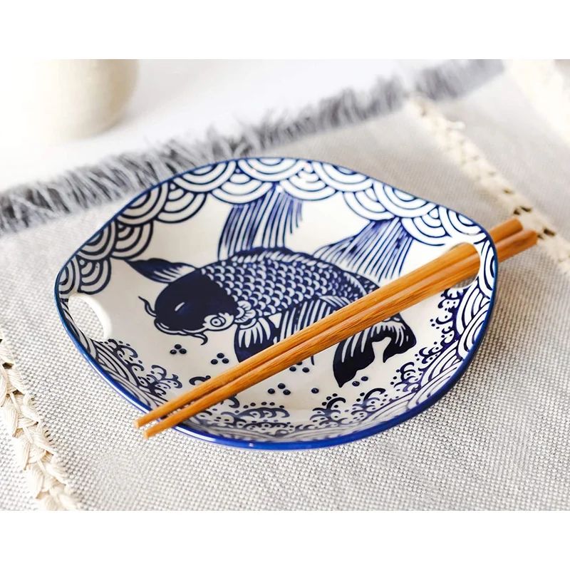 Ebros Blue And White Koi Fish Feng Shui Appetizer Snack Serving Coupe Plate Dish With Chopsticks ... | Wayfair Professional