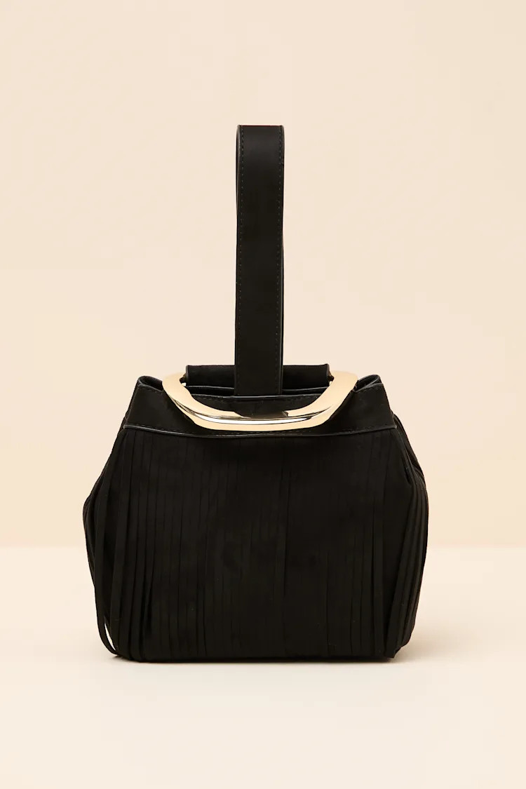 Bruny Black Suede Fringe Bucket Bag | Lulus