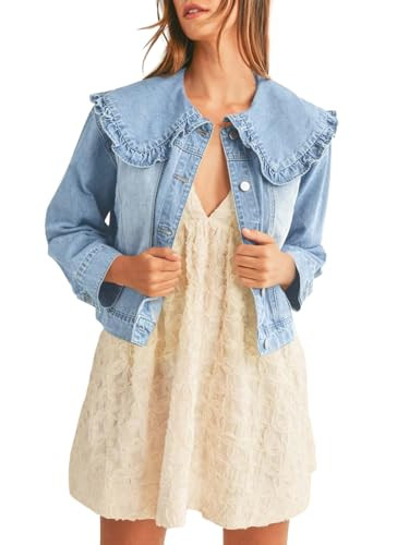 Takaneo Womens Jean Jackets Casual Long Sleeve Peter Pan Collar Loose Fit Denim Shirts Coat with Pockets | Amazon (US)