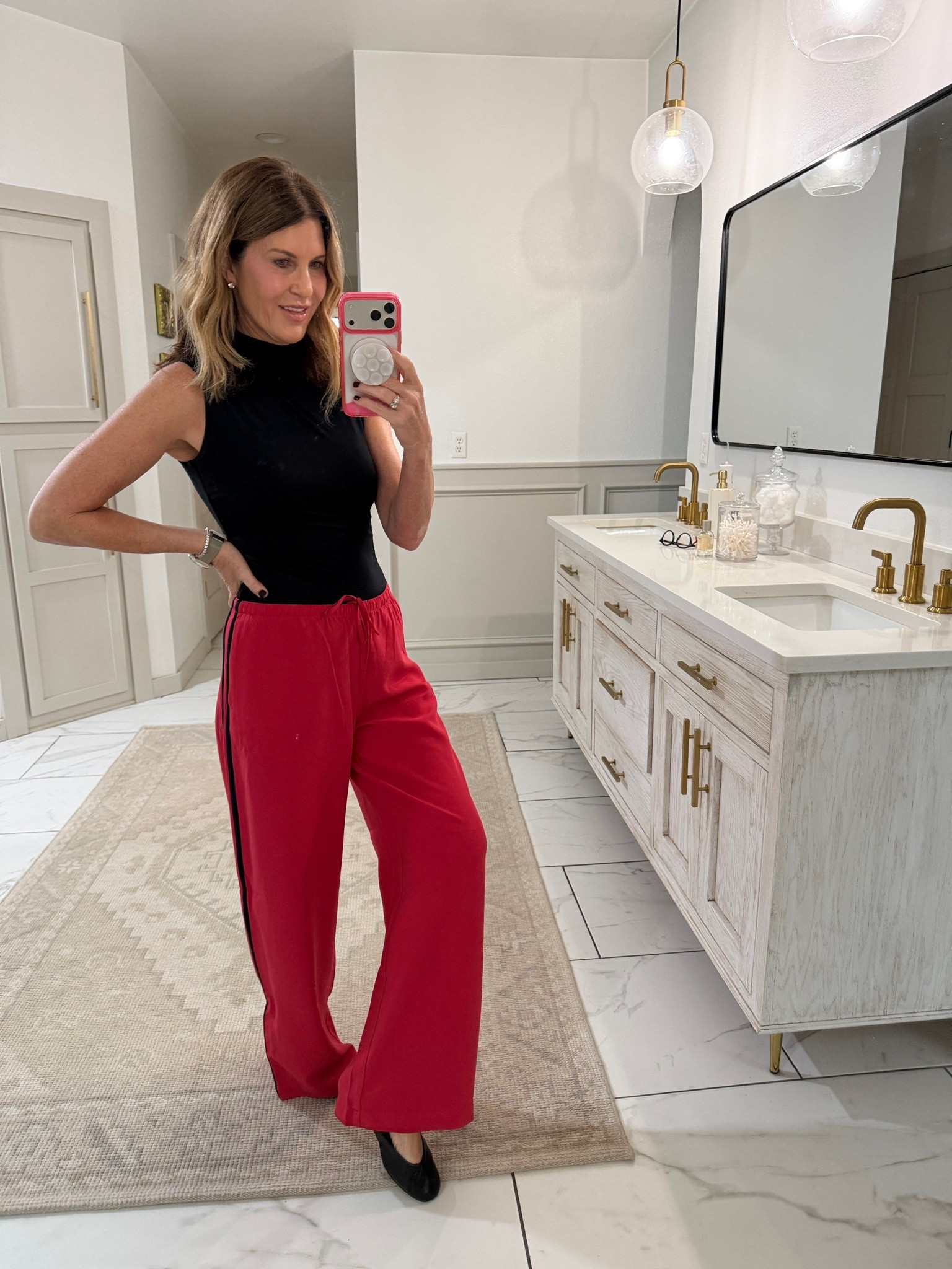 Ootd size small regular length wide leg track pants and size medium body suit