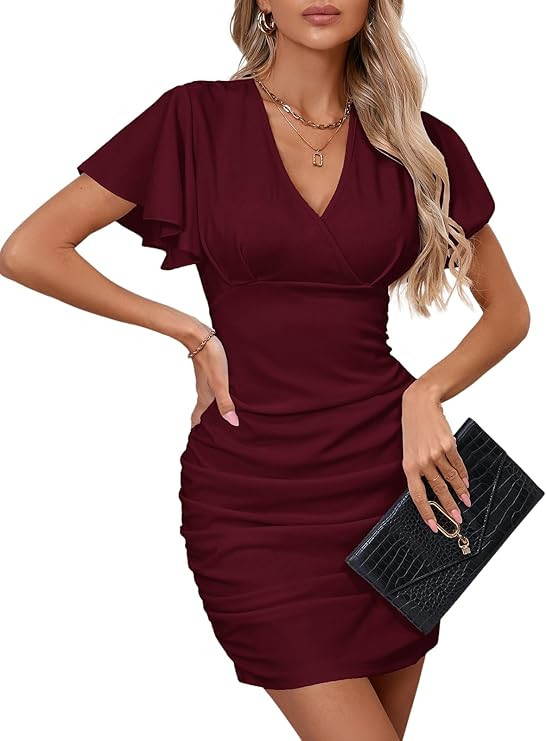 Women's Sexy V Neck Ruffle Sleeve Bodycon Mini Cocktail Party Dress Casual Short Sleeve Work Dres... | Amazon (US)