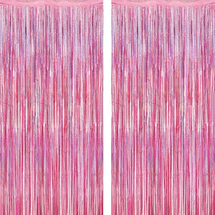 2 Pack Glitter Pink Backdrop, 3.28 FT x 7.05 FT Birthday Party Decorations, Laser Pink Fringe Cur... | Amazon (US)