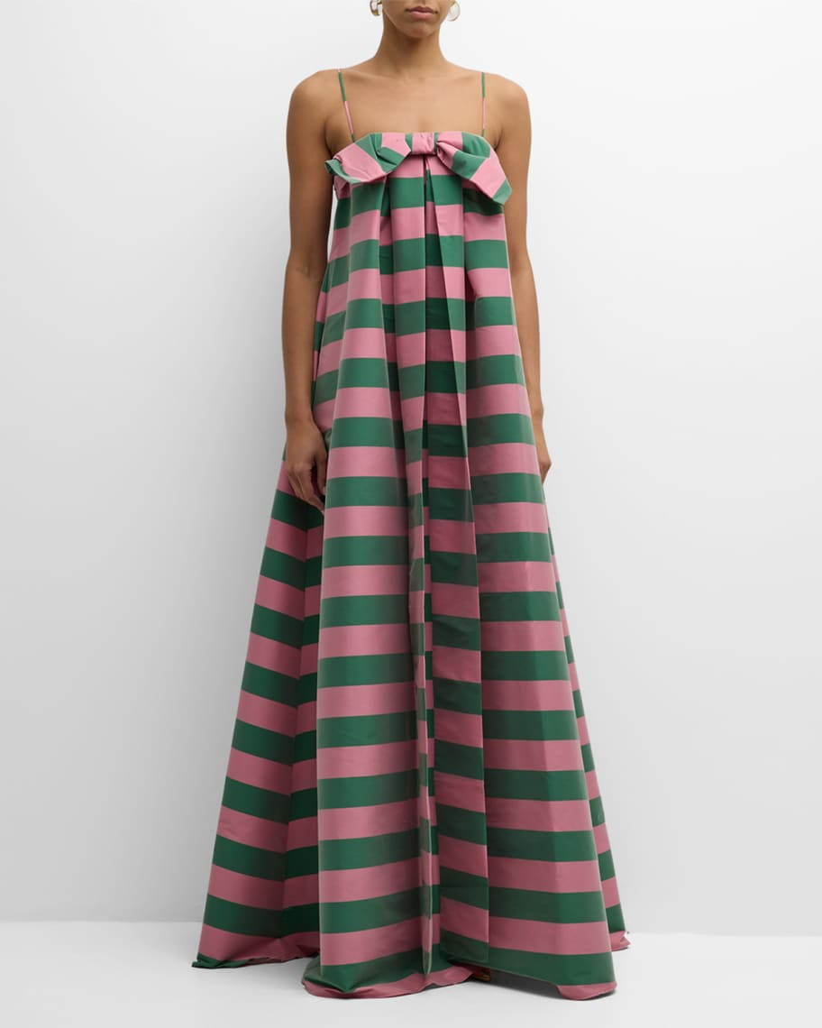 Estelle Striped Bow-Front Sleeveless Pleated Gown | Neiman Marcus
