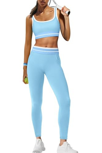 Panadila Womens Workout Set 2 Piece Outfits Striped Gym Yoga Set Matching Sports Bra and High Waist Leggings Activewear(Light Blue,S) | Amazon (US)