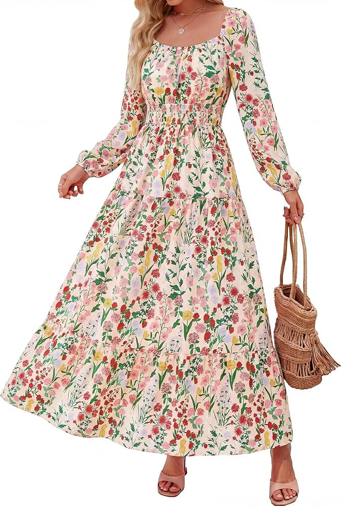 BTFBM Long Sleeve Dress for Women 2026 Spring Fall Boho Floral Square Neck Casual Flowy Long Wedd... | Amazon (US)