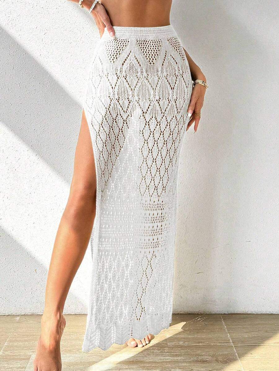 SHEIN Swim Summer Beach Women's High Slit Hollow Out Knit Cover Up | SHEIN