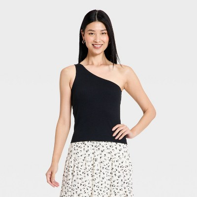 Women's One Shoulder Rib Knit Tank Top - A New Day™ Black M | Target