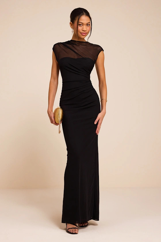 Avalee Black Mesh Cap Sleeve Maxi Dress | Lulus