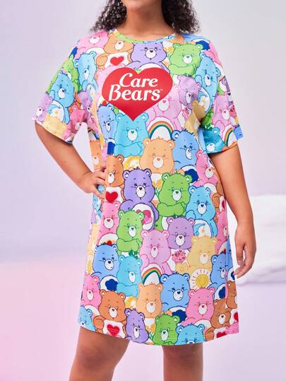 SHEIN X Care Bears Plus Size Cute & Colorful Stacked Heart & Bear Print Short Sleeve Nightgown, Y... | SHEIN