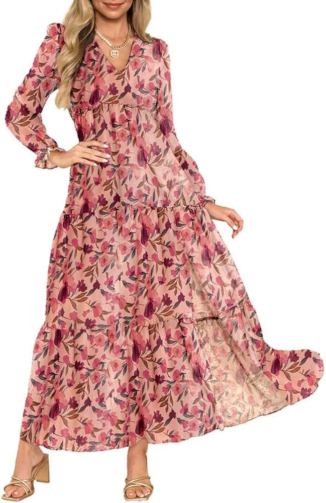 Dokotoo Women's Boho Maxi Dress Sexy V Neck Puff Long Sleeve Ruffle A-Line Split Swing Chiffon Dr... | Amazon (US)