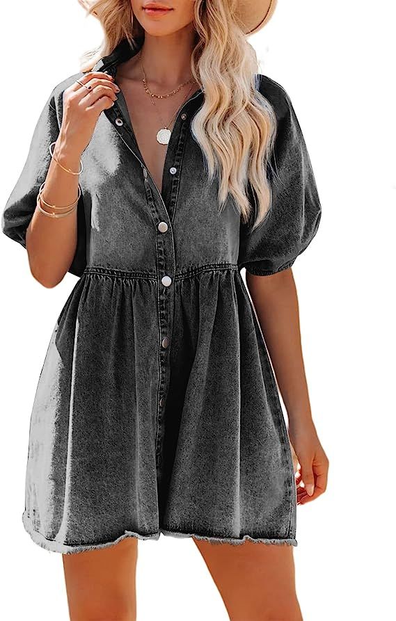 Pepochic Womens Summer Denim Dress Button Down Short Sleeve Babydoll Dress Puff Sleeve Flowy Jean... | Amazon (US)