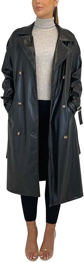 chouyatou Women's Faux Leather Trench Coat Lapel Double Breasted Pu Leather Long Jacket with Belt | Amazon (US)