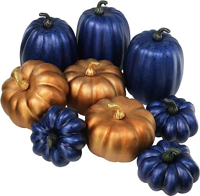 9 Pcs Assorted Mini Artificial Navy Blue and Bronze Pumpkins Rustic Decorative Pumpkins Faux Foam... | Amazon (US)